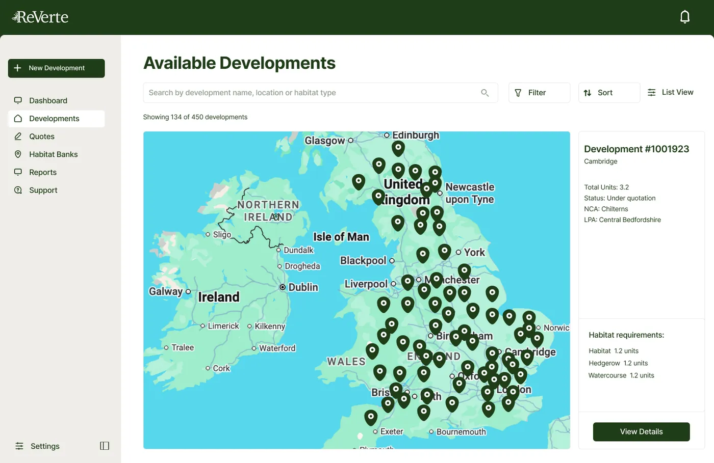 The ReVerte platform dashboard comparing biodiversity net gain unit quotes from multiple UK habitat banks